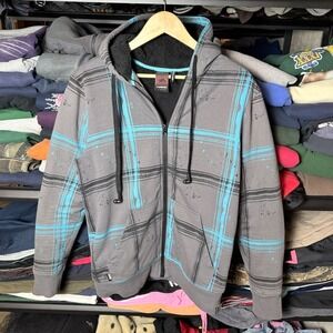 Hawk Plaid Zip Up Sherpa Lined Hoodie Sweatshirt Men's Medium Gray Blue